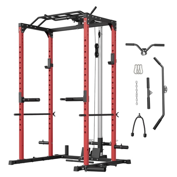 All-in-1 Power Cage with Pulley System,1200LBS Multi-Functional Squat Rack for Home Gym,Weight Cage Includes LAT Pulldown,Dip Bars and More Attachments,Strength Training Equipment