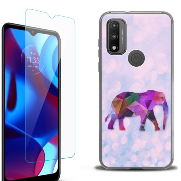 Slim-Fit Protective Phone Case (Black) compatible with Motorola Moto G Pure 5G, with Tempered Glass Screen Protector, by OneToughShield ® - Elephant /Polygon