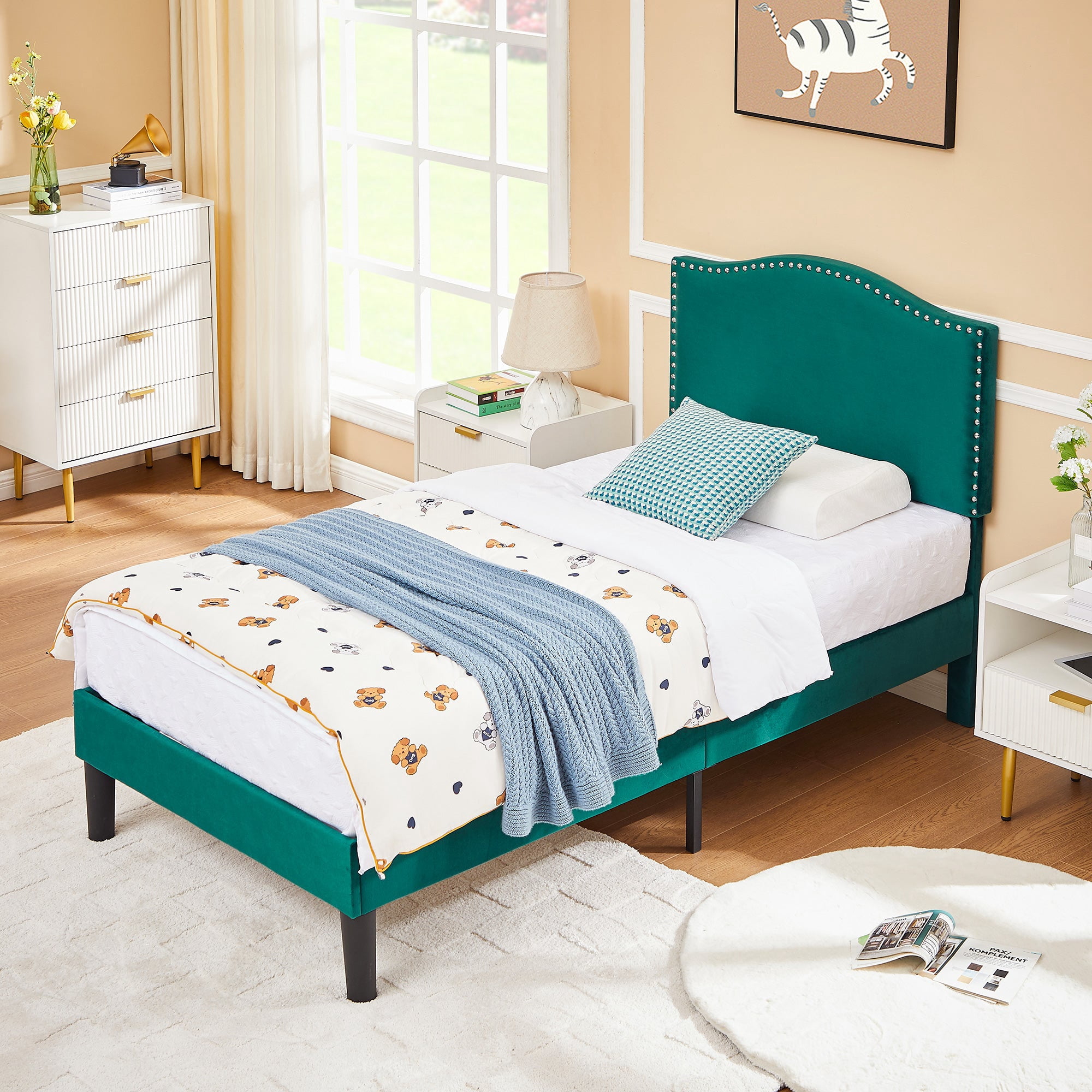 VECELO Twin Bed Frame Platform Bed Frame with Upholstered Headboard, Strong Frame and Heavy-Duty Slats Support, Non-Slip and Noise-Free, Easy Assembly,Pink