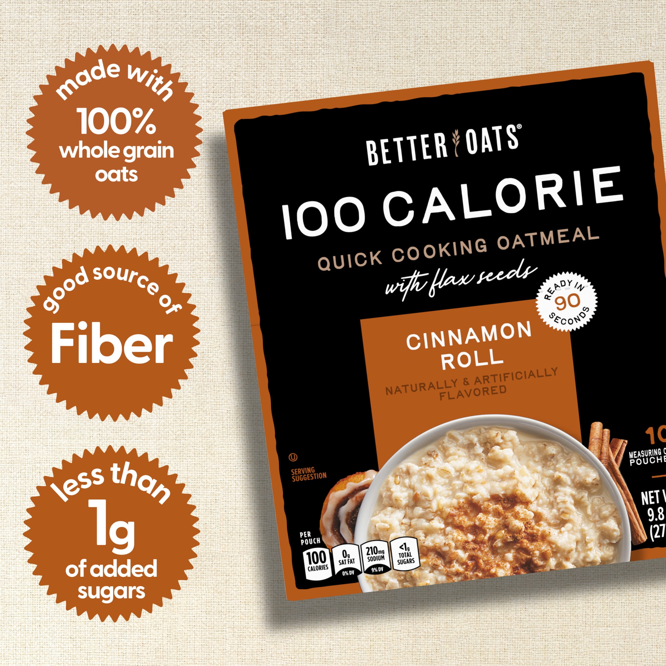 Better Oats 100 Calorie Cinnamon Roll Oatmeal with Flax Seeds, 10 Instant Oatmeal Packets, 9.8 oz Pack