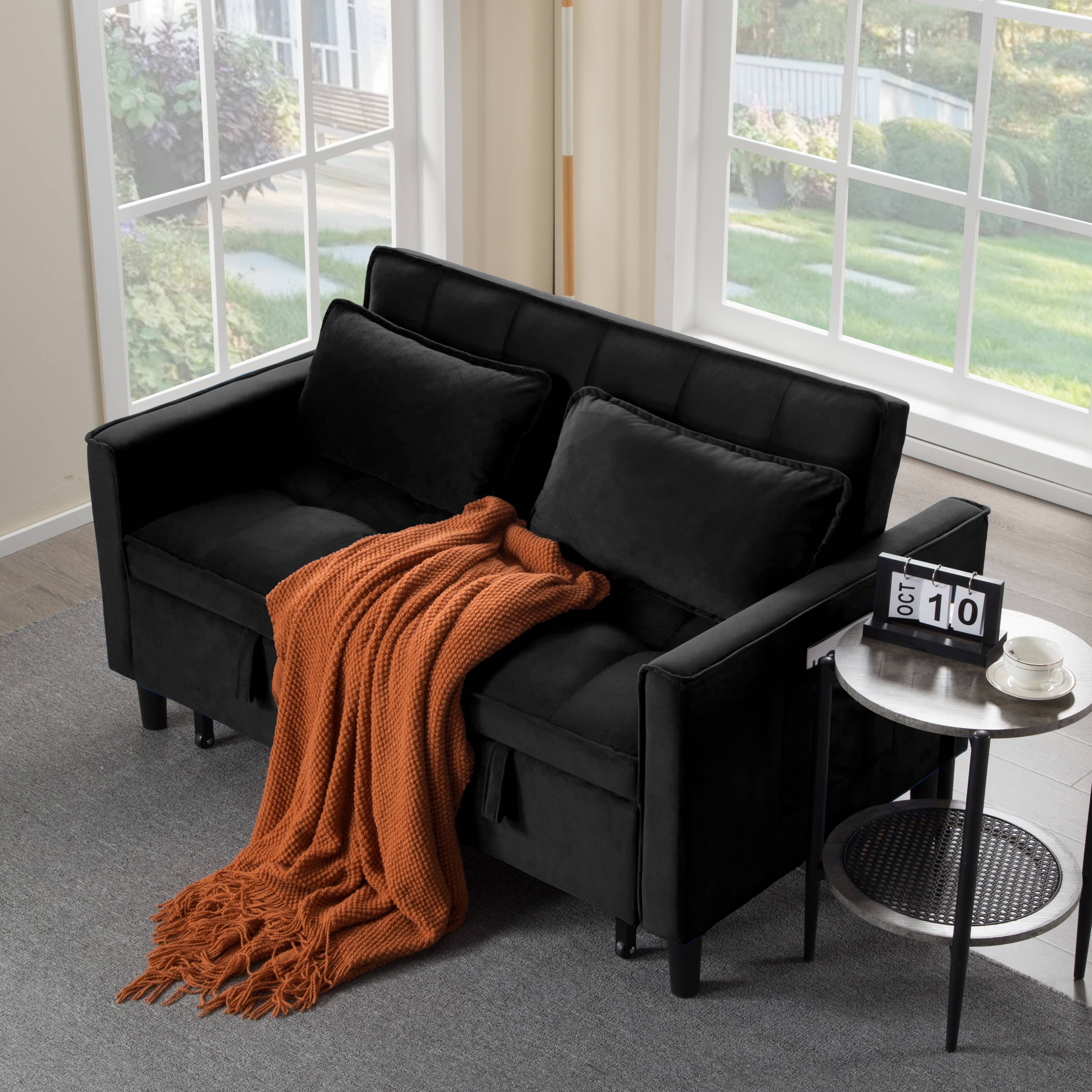 BSHTI 53.94" Pull-Out Sleeper Sofa Bed with Velvet Upholstery, 3-Position Reclining Back, Solid Wood Frame for Apartment/Office（Black）