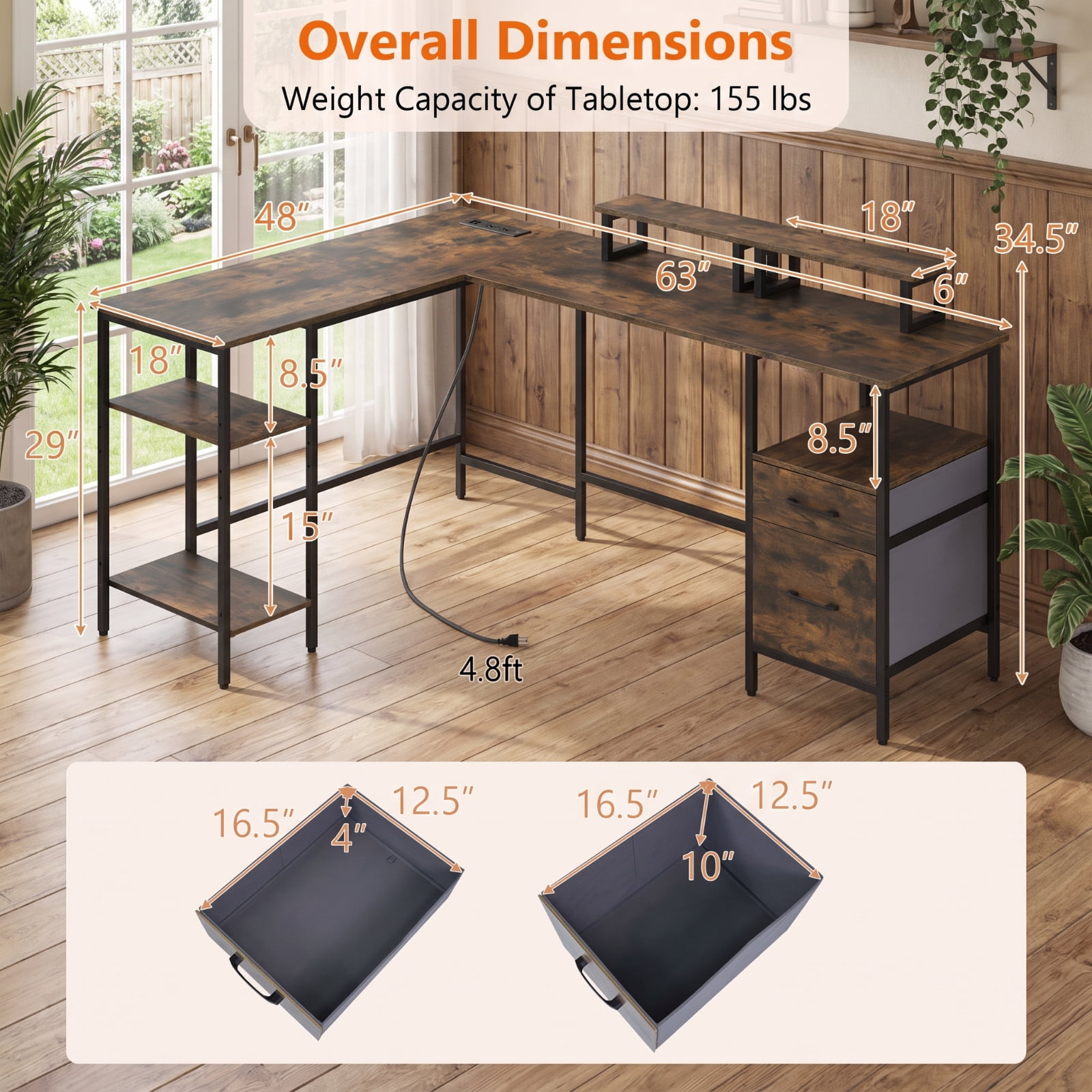 Furnibear L Shaped Desk Reversible Computer Desk with Power Outlet Monitor Stand and Fabric Drawers for Home Office Corner Workstation, Rustic Brown