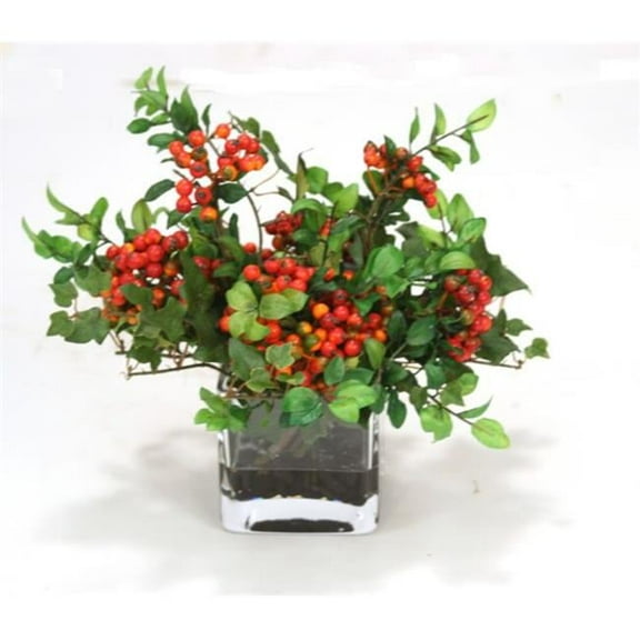 Waterlook Red Wild Berries & Mountain Ivory in Square Glass Vase