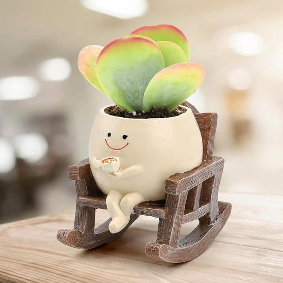 Cute Resin Flower Head Smile Planters, Smily Face Planter Pots for Indoor Plants, Sit Rocking Chair Flower Pots with Drainage Hole, Gift IdeaI for Birthday, Christmas
