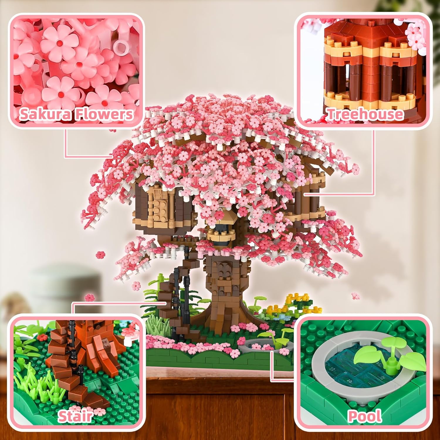 Cherry Blossom Bonsai Tree Mini Micro Building Set, Japanese Sakura Tree House Model Sets for Adults, Flowers House Mini Bricks Building Kit, Creative Gift Toys for Kids 12-14