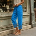 thumbnail image 5 of ZQUUVOU Linen Capri Pants for Women Drawstring Waist Cotton Blend Hollow Out Hem Ankle Length Casual Boho Cropped Trousers Sky Blue, 5 of 5