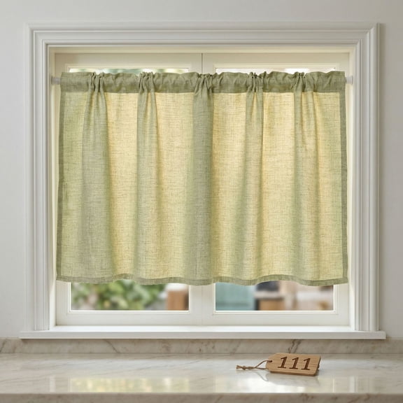 Cafe Curtains 30 Inch Length Half Window Curtain Farmhouse Short Linen Semi Sheer Curtains for Kitchen Bathroom Basement Small Window, Rod Pocket Tier Curtains 1 Panel W55XL30, Green