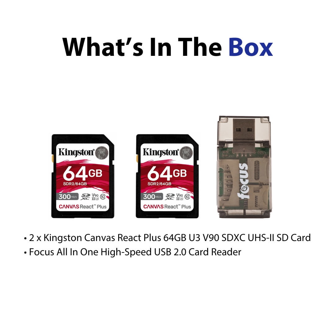 Kingston Canvas React Plus 64GB U3 V90 SD Card (2-Pack) Bundle with Focus All-In-One High Speed Card Reader (3 Items)