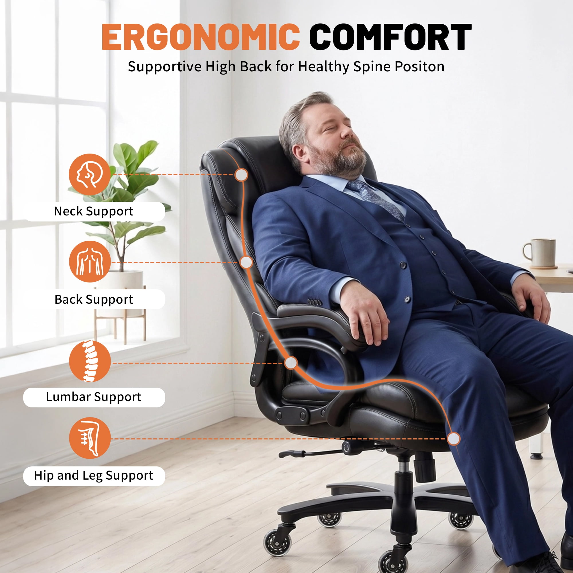 Qusaphy 800LBS Big and Tall Executive Office Chair, PU Leather Ergonomic Desk Chair with Adjustable Backrest and Thick Padded Cushion, Heavy Duty Chair for Home or Office Black