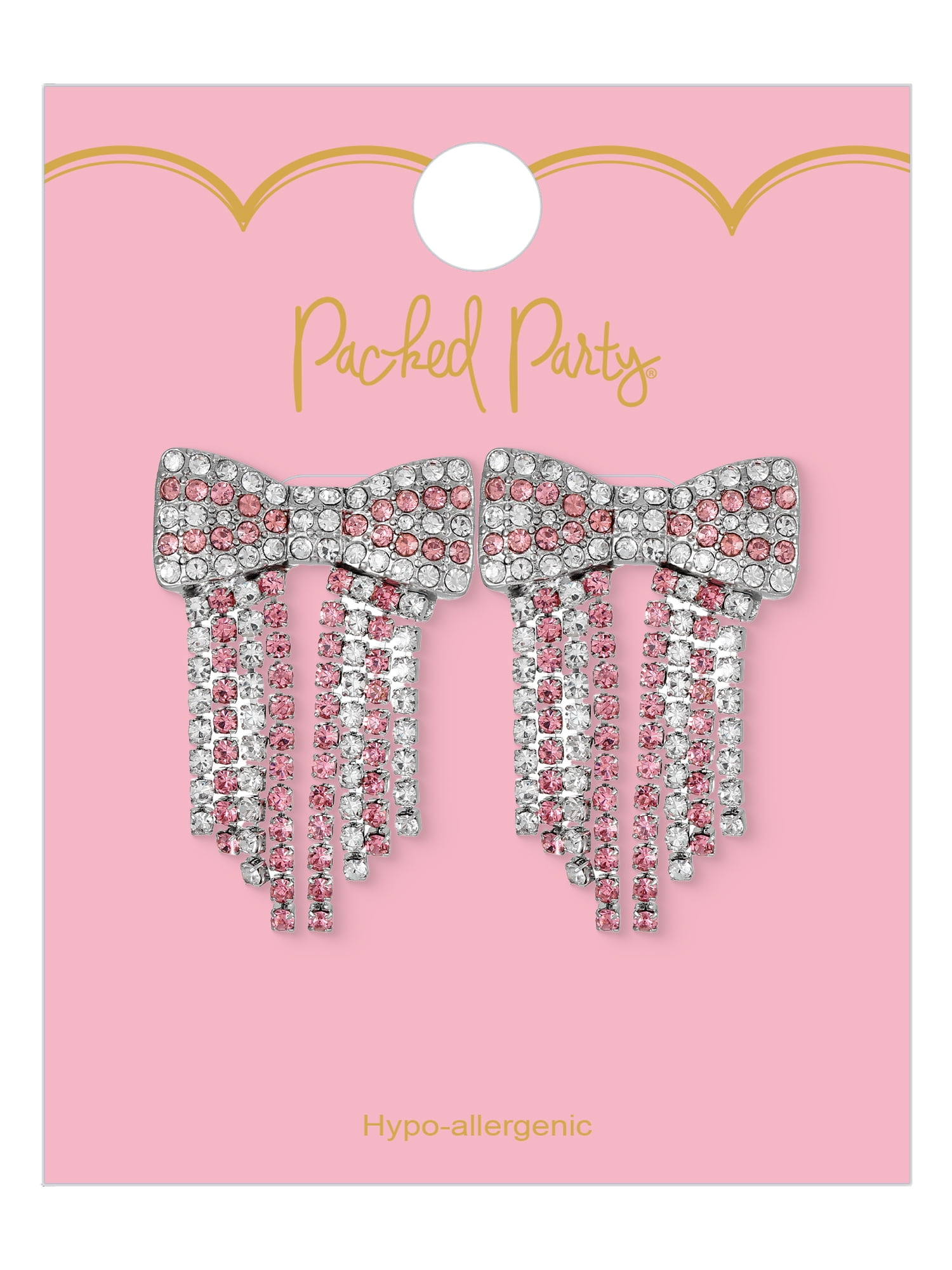 Packed Party White and Pink Crystal Bow Earrings, 1 Pair