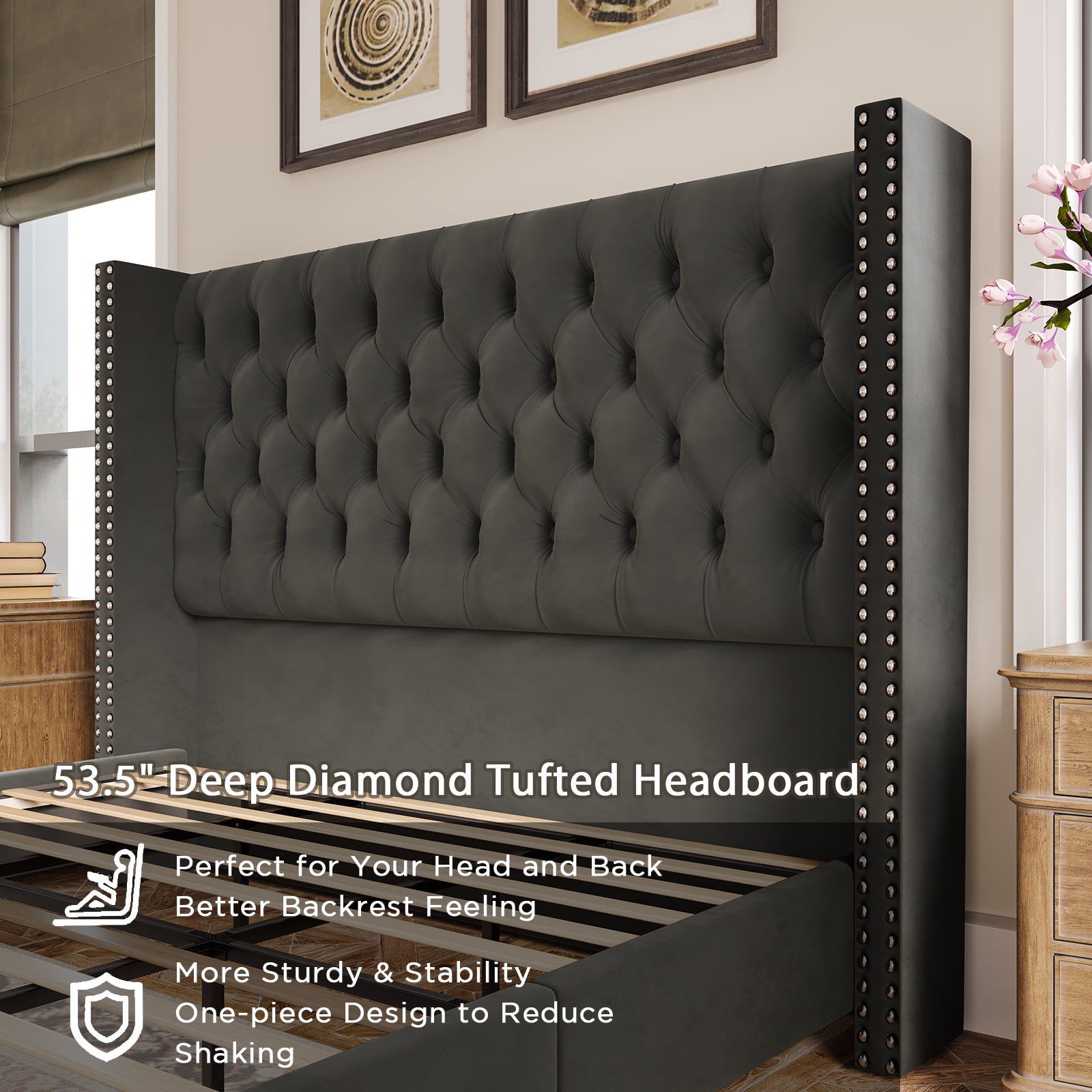 Merluxy King Size Platform Bed Frame Velvet Upholstered Bed Deep Button Tufted Wingback Headboard/Wood Slat Support/Easy Assembly/Dark Gray