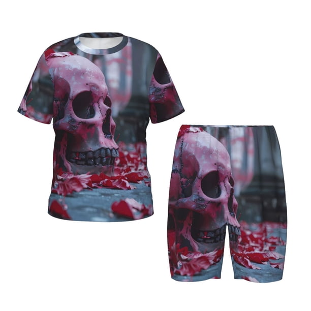 Balery Gothic Red Skull Cemetery Conjunto de Pijama Infantil de Manga Corta con Estampado – Ropa de Dormir de Algodón Suave-3X-Large