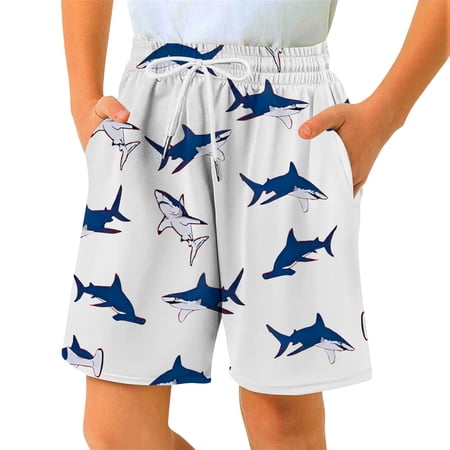 Yuncity Little Boys Shorts Cartoon Shark Print High Waist Elastic Drawstring Lightweight Summer Casual Cool Outdoor Daily Wear Kids Shorts Size 7-8 Years White