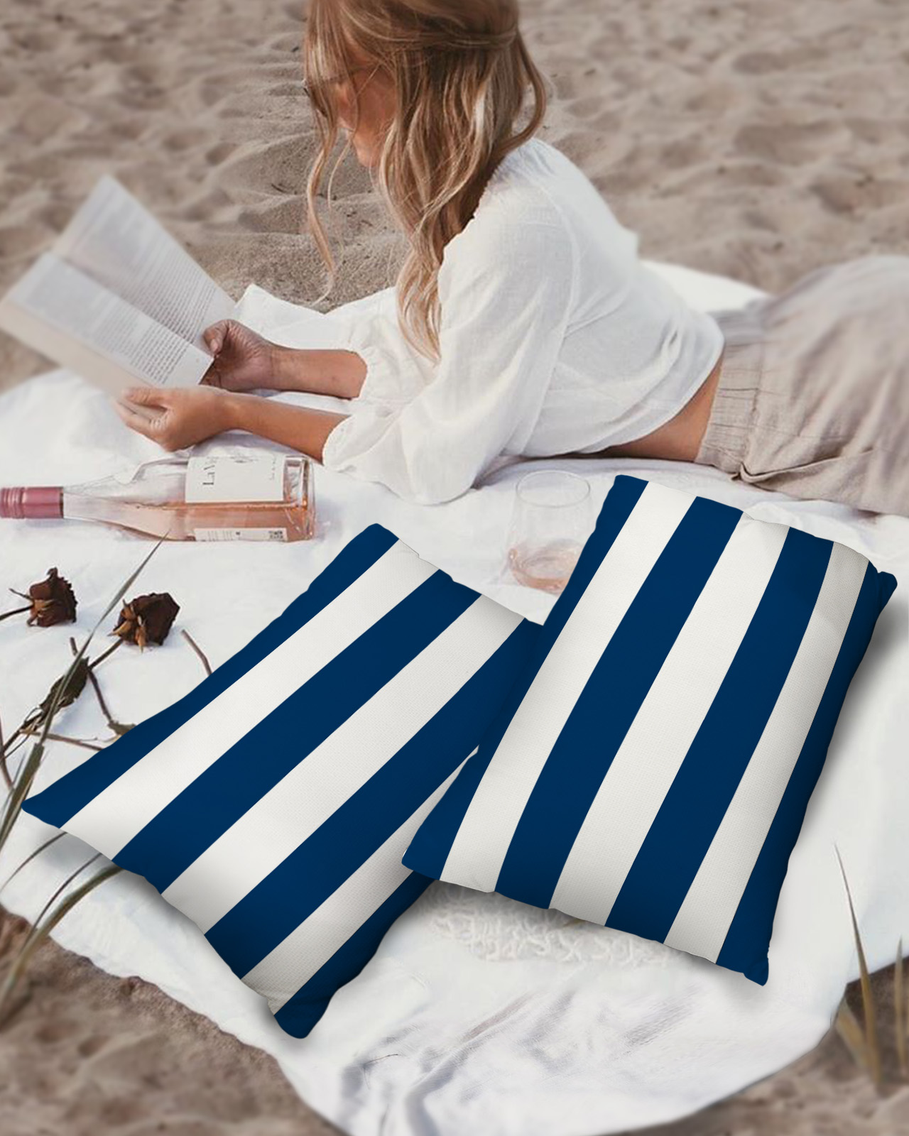 Pack of 2 Outdoor Pillow Covers, Classic Blue and White Stripe Pattern Waterproof Square Throw Pillowcase Cushion Decorative Pillow Covers for Couch Patio Tent, 20x12 in