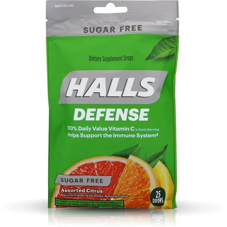 Halls Defense Vitamin C Drops Sugar Free Assorted Citrus 25 Each (Pack of 2)