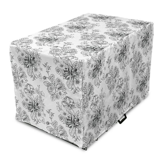 Botanical Dog Crate Cover, Meadow Blossoms Peony Petals Rural Flourish Bouquets Leaf Field, Easy to Use Pet Kennel Cover Small Dogs Puppies Kittens, 7 Sizes, Charcoal Grey and White, by Ambesonne