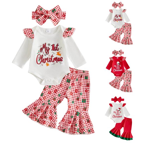 Faraee Newborn Baby Girl My 1st Christmas Outfit Ruffle Long Sleeve Romper Plaid Print Flare Pants Headband 3Pcs Xmas Clothes Set 0 3 6 9 12 18 Months,Pink