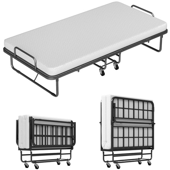 Slumbrae Folding Bed with Mattress, Twin Size, Heavy Duty Steel Slat Frame, Portable Rollaway Bed with Memory Foam Mattress with Bamboo Rayon Cover, Easy Assembly, Ideal for Guests & Camping, Black