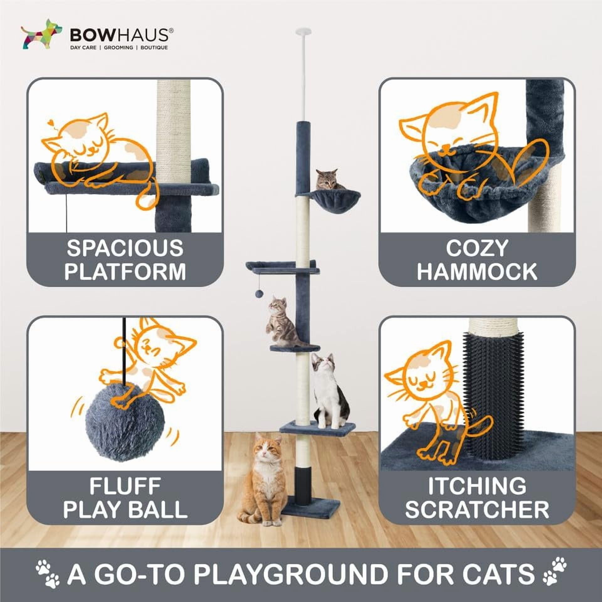 CAPHAUS Floor to Ceiling Cat Tree, Adjustable Height 104”-115” Multi-Tier Cat Climbing Tower w/ Itching Scratcher, Cozy Hammock, Interactive Playball, Platforms for Indoor Cats, Beige