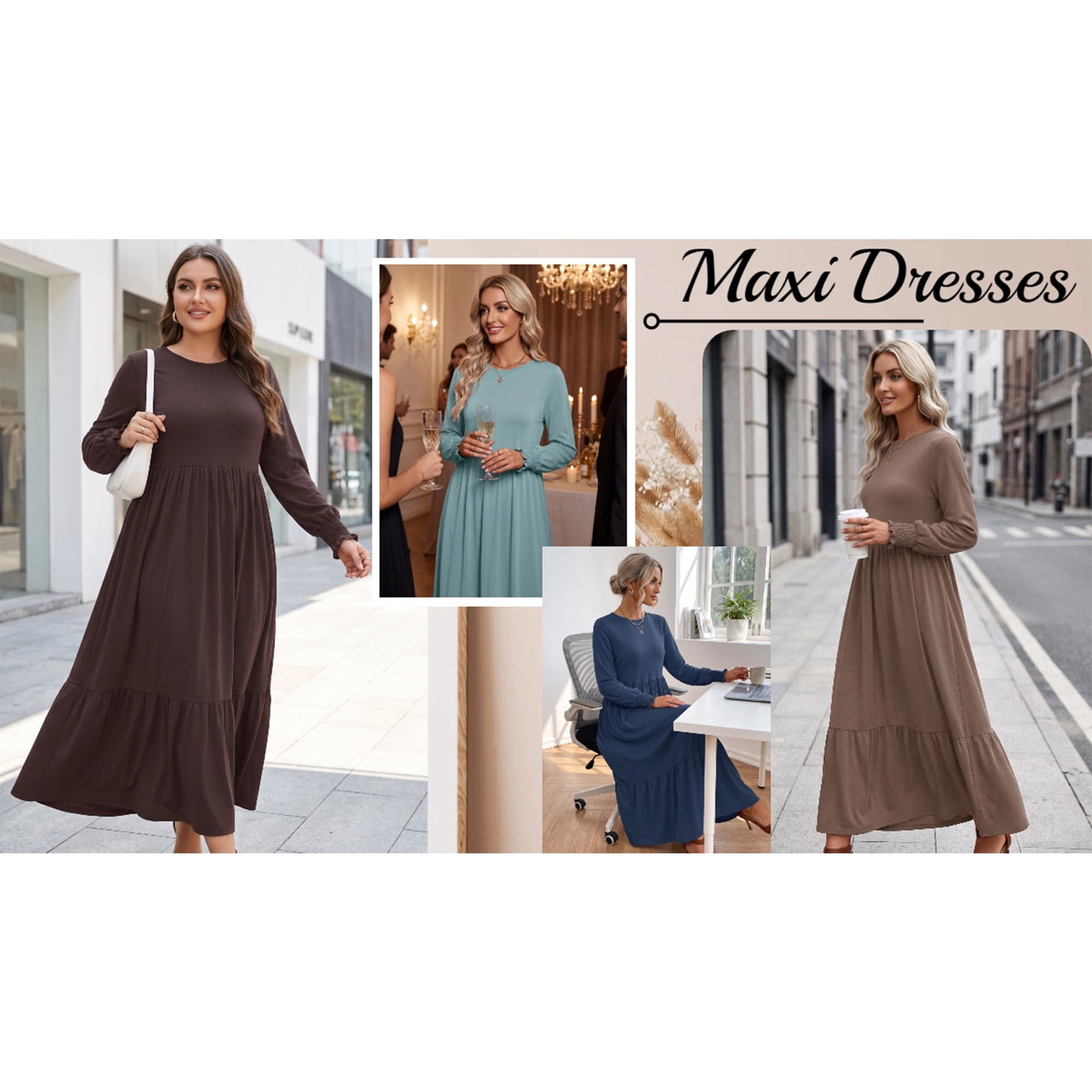 UVN Fall Long Dress for Women Crewneck Casual Long Sleeve Pleated Dresses with Pockets