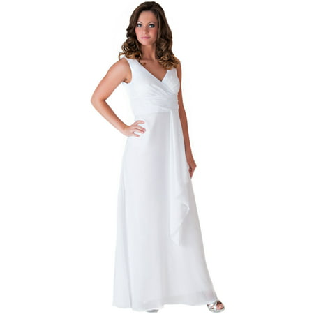 Faship V-Neck Long Evening Gown Forma Dress S-4XL White - (Best Makeup For White Dress)