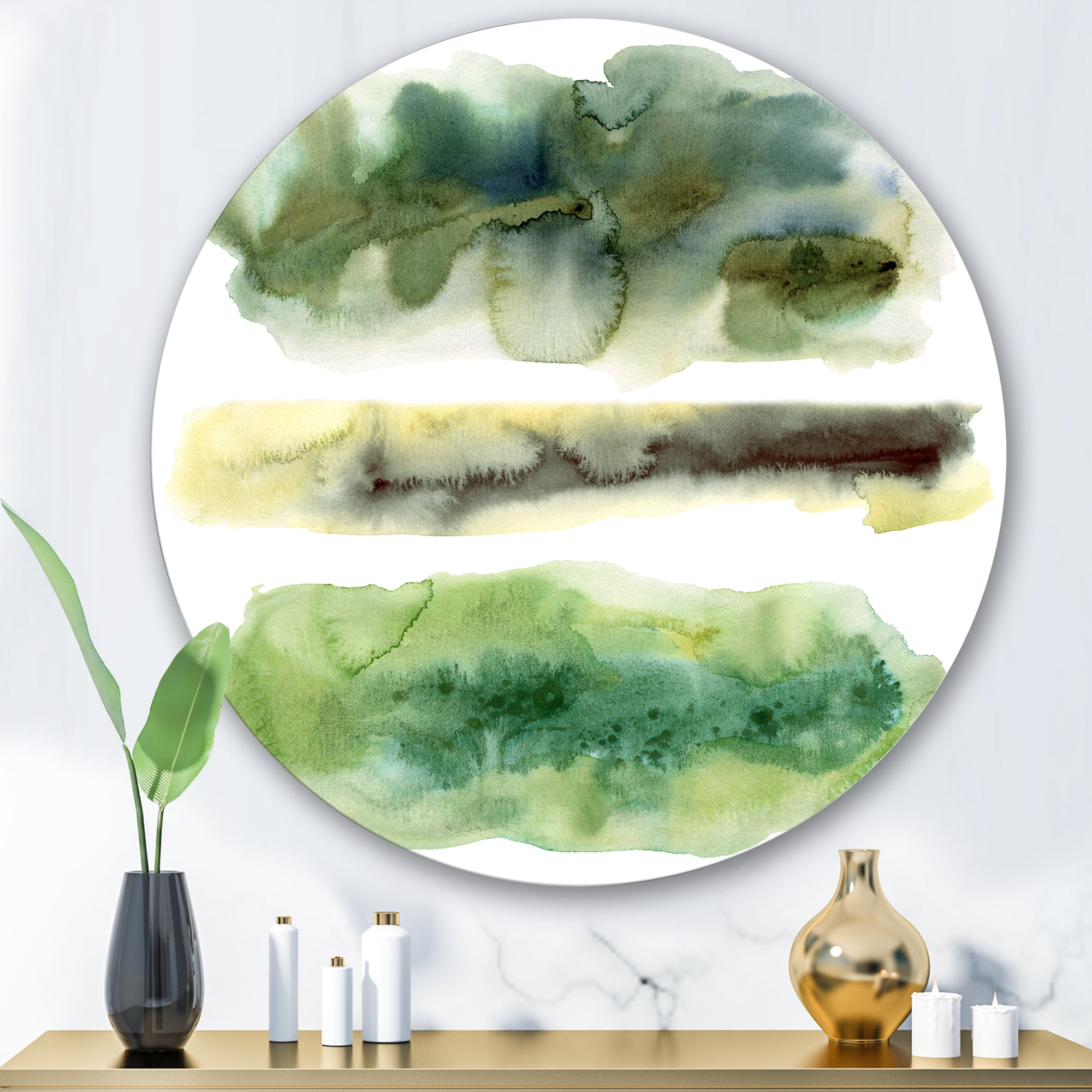Designart 'Golden Green Abstract Clouds III' Modern Circle Metal Wall Art 36x36 - Disc of 36
