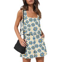 WTOBBY Summer Casual Women's Two Piece Set Floral Print Sleeveless Square Neck Cropped Top and High Waist Shorts Outfit with Pockets Stylish Bodysuit Wear ,Blue S