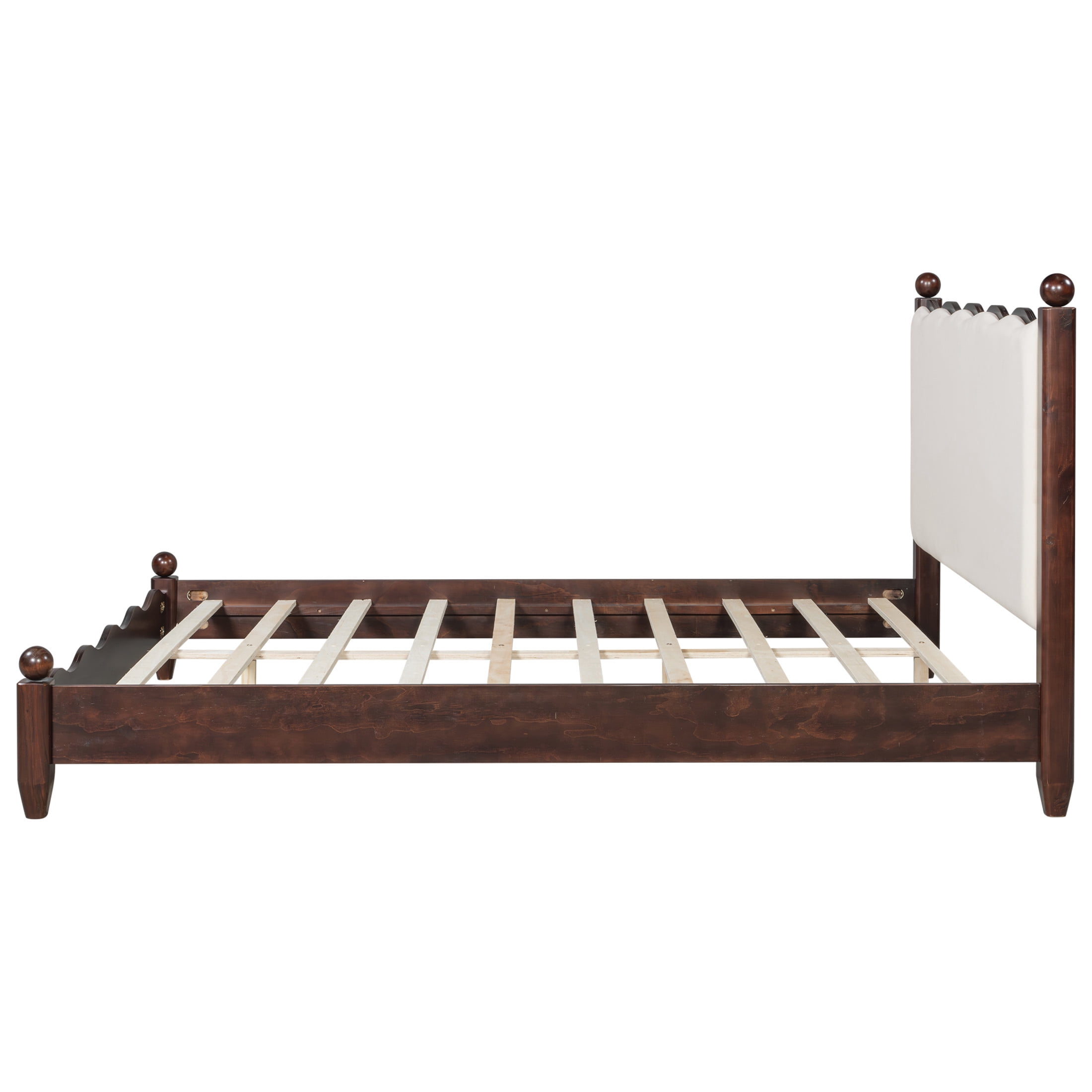Noble House Lorven Queen Size Platform Bed with Scalloped Upholstered Headboard, Pine Wood Frame, Beige & Espresso