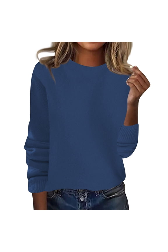 Women's 100 Percent Pure Wool Sweater Long Sleeve Pullover Crew Neck Tops for Woman Blue XL