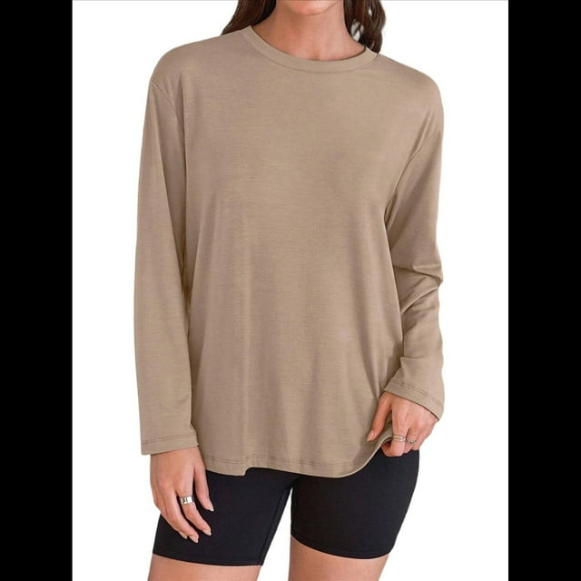 Camisetas de Larga Extragrandes para Mujer 2025, Camisetas Básicas de Cuello Redondo, Tops de Otoño, Ropa Informal de Entrenamiento Y2K Caqui L