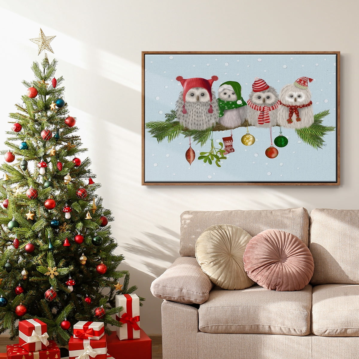 Christmas Fluffy Christmas Owls on Branch - Framed Gallery Wrapped Holiday Canvas - 17 x 25 - Rosewood Frame
