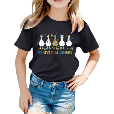LIIPEE Girls T-Shirts Casual Summer Fashion Animal Graphic Letter Printed Crew Neck Short Sleeve T Shirt Kids Children Cute Comfortable Breathable Soft Daily Tee Tops 6-7 Years