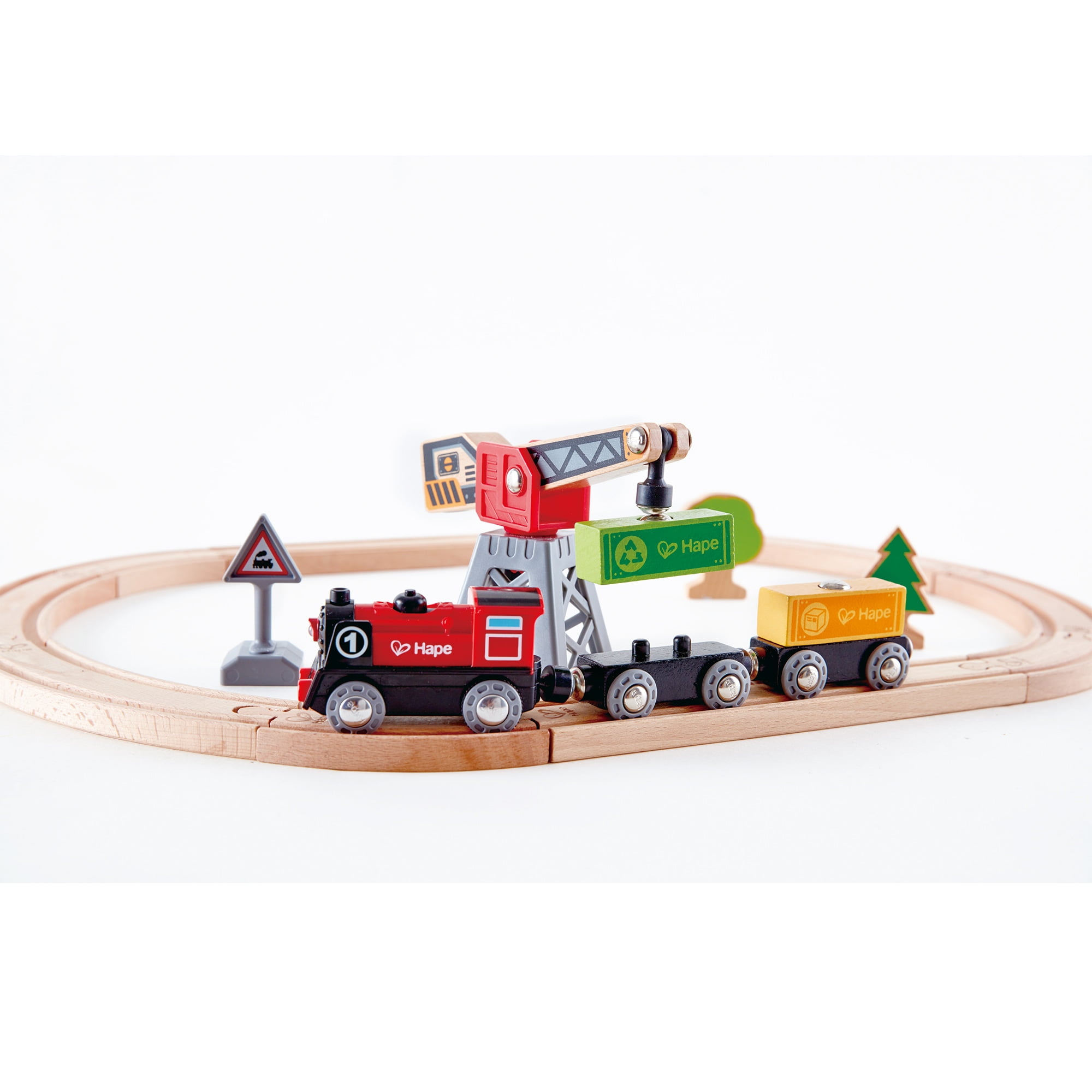 Hape: Cargo Delivery Loop - Battery Powered Engine, Oval Track Railway Set, Wooden Toy, 3 Magnetic Linking Trains, Crane, Accessories, Kids Ages 3+