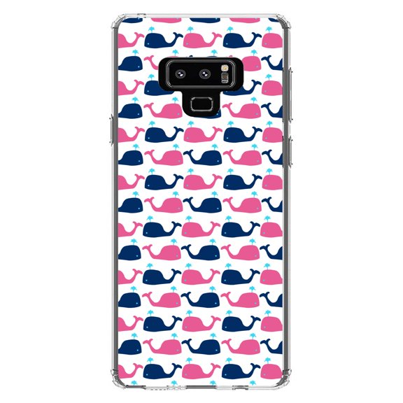 DistinctInk Clear Shockproof Hybrid Case for Samsung Galaxy Note 9 - TPU Bumper, Acrylic Back, Tempered Glass Screen Protector - Pink Navy Cartoon Whales - Cartoon Whales