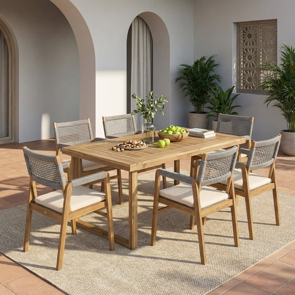 Christopher Knight Home 7-Piece Outdoor Solid Wood Dining Set with 69" Table and Gray Rope Armchairs