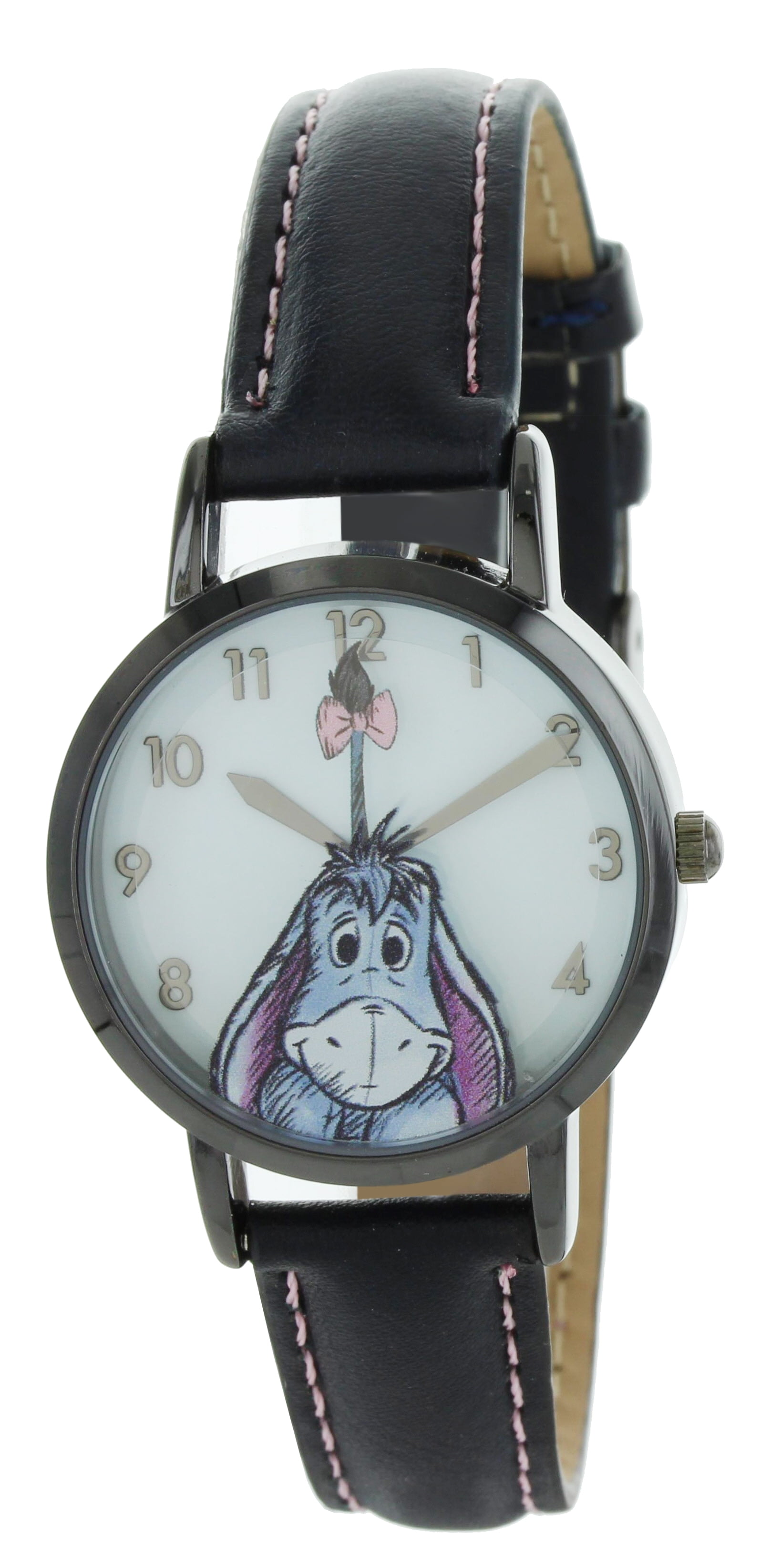 Vintage Style Eeyore Disney watch, ribbon on tail rotating 2nd hand. With black case and black leather strap and pink stiches WP5031LG