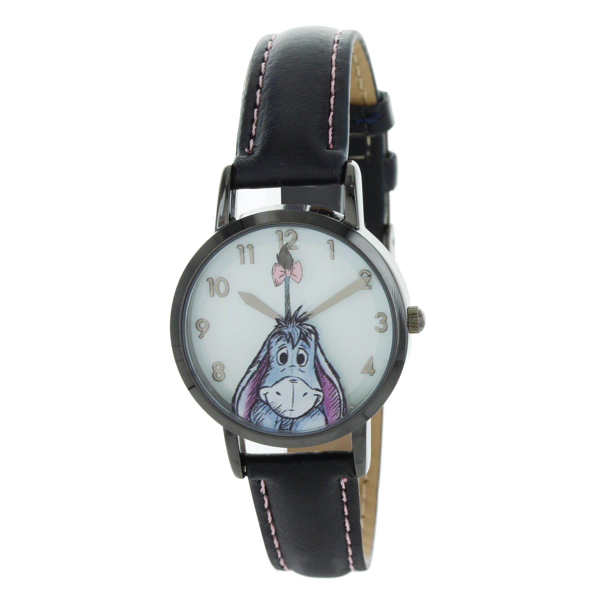 Vintage Style Eeyore Disney watch, ribbon on tail rotating 2nd hand. With black case and black leather strap and pink stiches WP5031LG