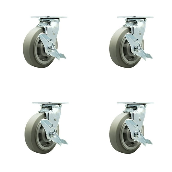 6 Inch Thermoplastic Rubber Swivel Caster Set with Ball Bearings and Brakes SCC