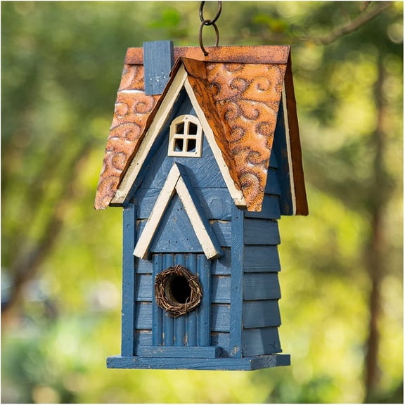 Bird Houses for Outside,Hand Painted Hanging Bird House for Outdoors, 24.25" H Oversized 3-Tiered Villa Decorative Wooden Bird Houses Large Birdhouse for Garden, Washed Blue