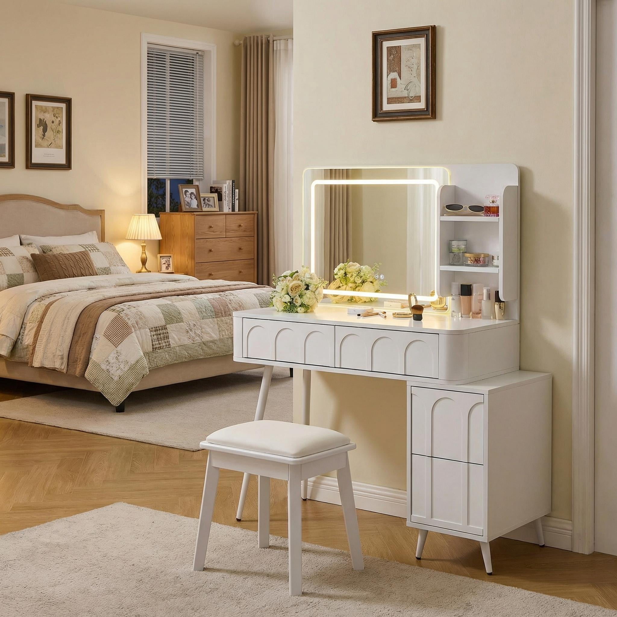 Homy Casa Vanity Table Set with LED Mirror, 4 Drawers and Stool， Adjustable Lighting Makeup Desk for Bedroom