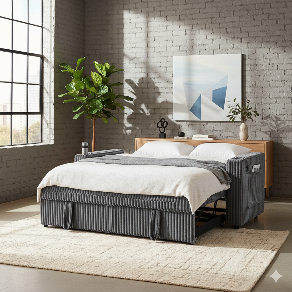 65in Sleeper Sofa Bed, Convertible Pull Out Couch with Small Table, USB Ports & Adjustable Backrest, Corduroy Loveseat Sofa Bed for Apartment, Bedroom, Living Room (Dark Gray)