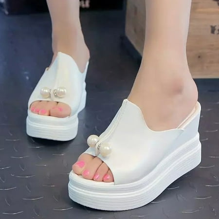 

absuyy Platform Sandals for Women Wedges Beach Sandals Fish Mouth Casual Solid Summer Slide Sandals #610 White