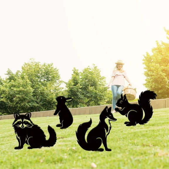 4PCS Metal Animals Garden Decor Metal Fox Outdoor Garden Ornament Black Silhouette Outdoor Decor Rabbit Flowerbed Stakes Decorative Yard Art Statue DIY for Lawn Patio Gift DIY for Gardeners