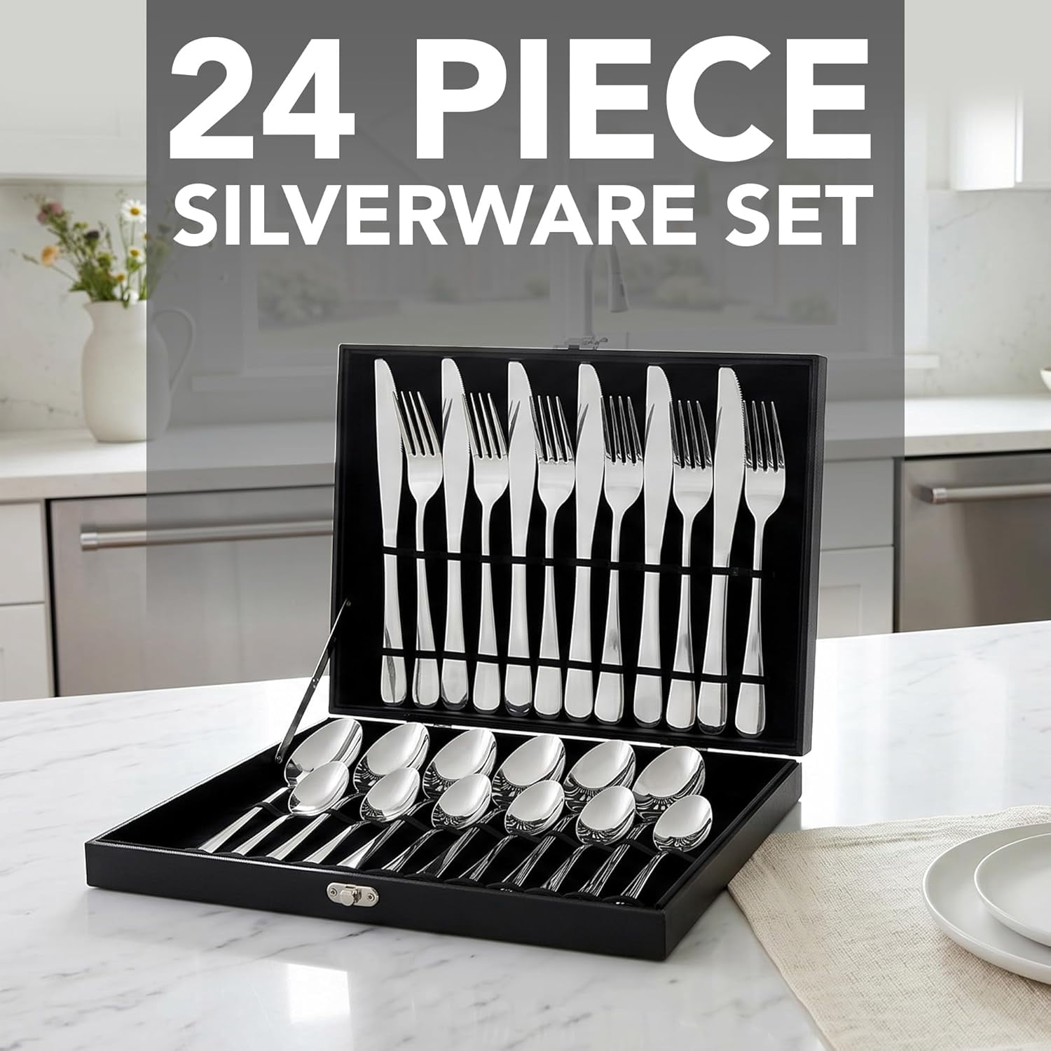 OVENTE 24-Piece Silverware Set Service for 6, Silver FL20241CH | Durable Stainless Steel Flatware Cutlery Utensil with Steak Knives, Forks, Spoons & Teaspoons, Dishwasher Safe