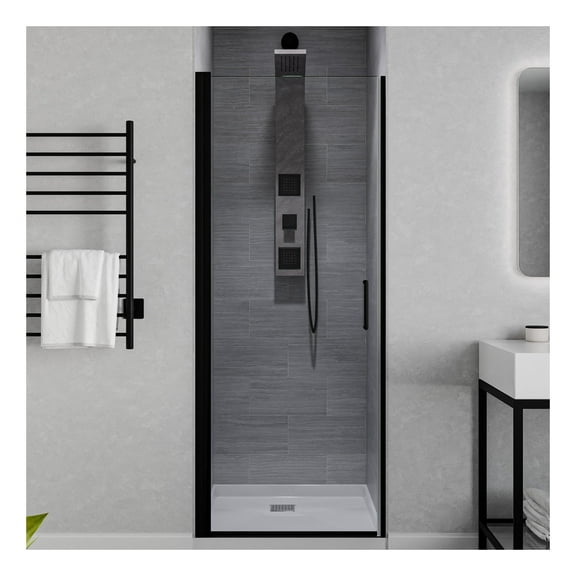 Lancer Series 29.4"W x 72"H Hinged Semi-Frameless Shower Door in Matte Black with Tsunami Guard Tempered Glass