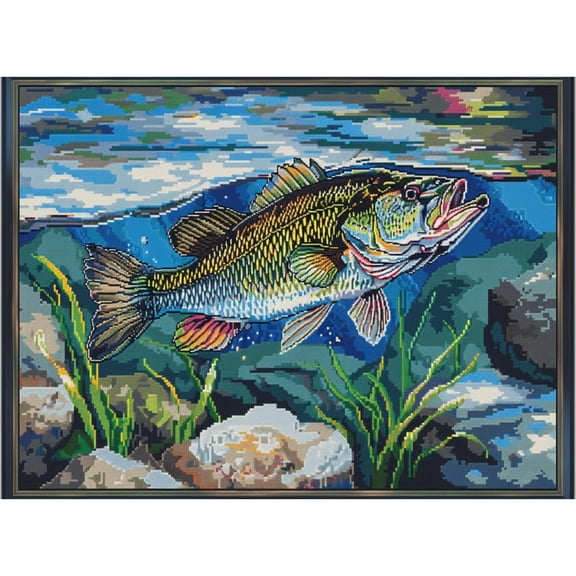 Bass Fish in River 5D Diamond Art Painting by Number Kits for Adults DIY Paint with Round Full Drill Diamond Gems Painting Art Craft for Home Wall Decor 11.8x15.8in(1)