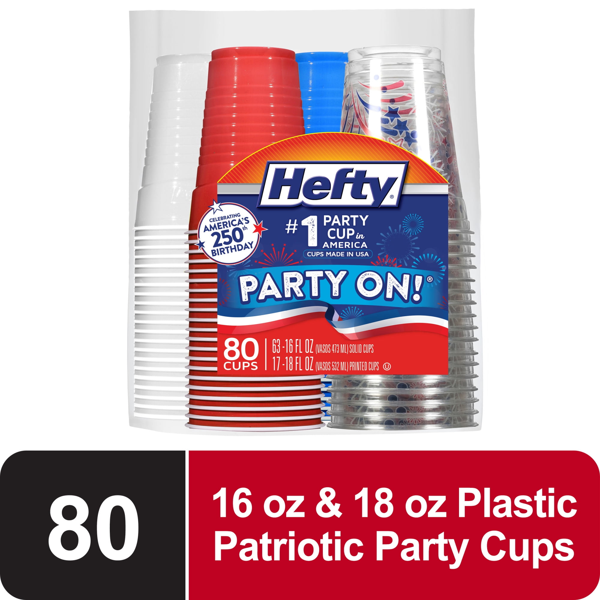 Hefty Party On Disposable Plastic Party Cups, Patriotic Assorted Colors and Festive Print, 16 oz. & 18oz., 80 Count