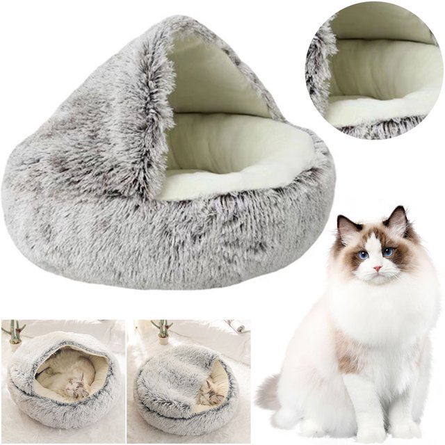 Cama Mascota Acogedora Gato Redondra Esponjosa Con Cubierta Capucha para Gatos Interiores