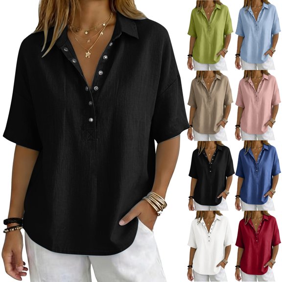 Women's V Neck Mid Sleeve Button Down Shirt, Soft Breathable T-Shirt Top, Casual Loose Fit Streetwear Blouse for Spring Summer, Festival and Casual Work Shirt-Black