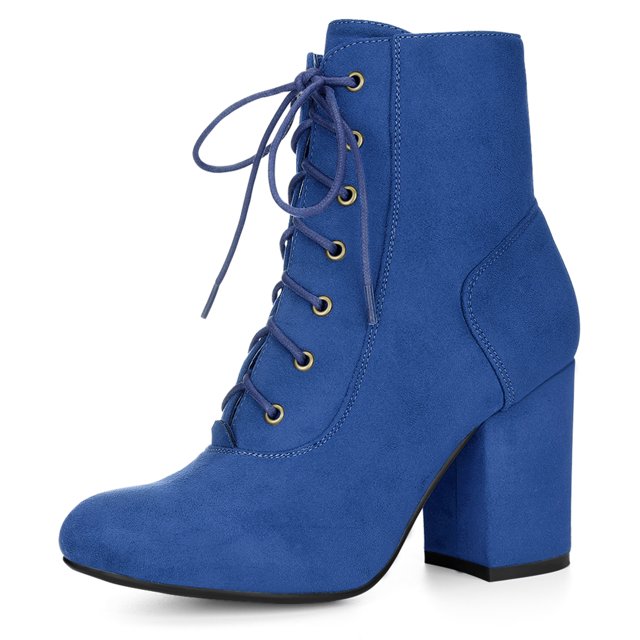 Botines Cordón Arriba Tacón Alto Chunky Punta Redonda Para Mujer Azul oscuro 36